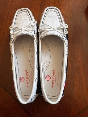 Marc Joseph White Croc-Embossed Bow Loafers